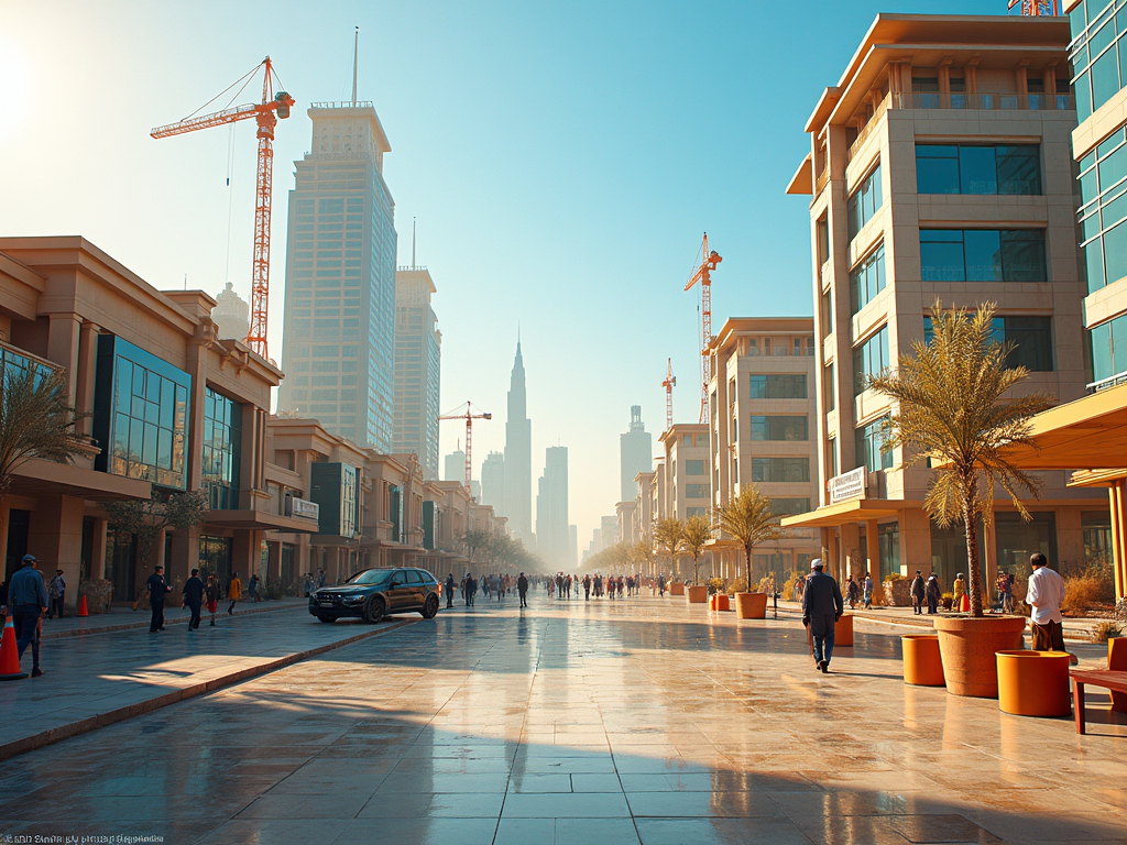 Sunny cityscape showing modern buildings, people walking, and construction cranes against a blue sky.