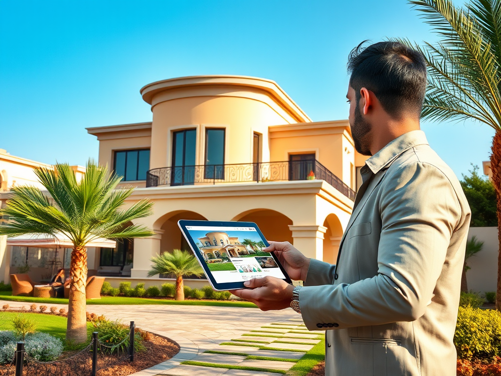 A man in a suit holds a tablet displaying a home while standing in a beautifully landscaped yard.